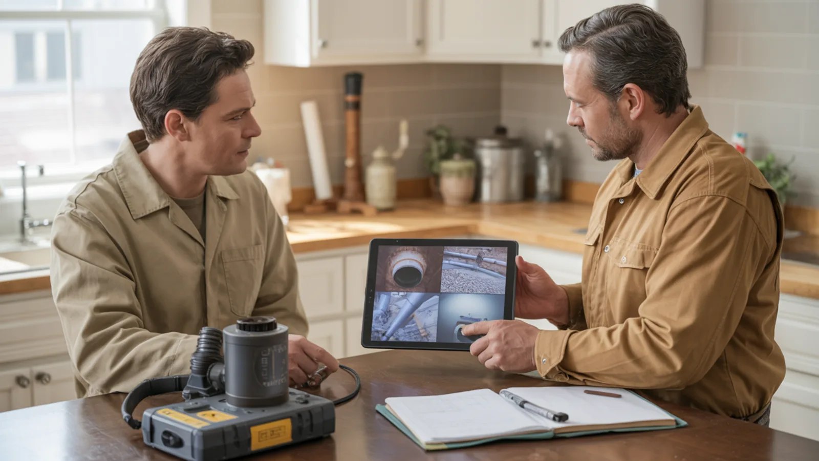 Homeowner and sewer specialist reviewing recorded pipe footage and a written scope