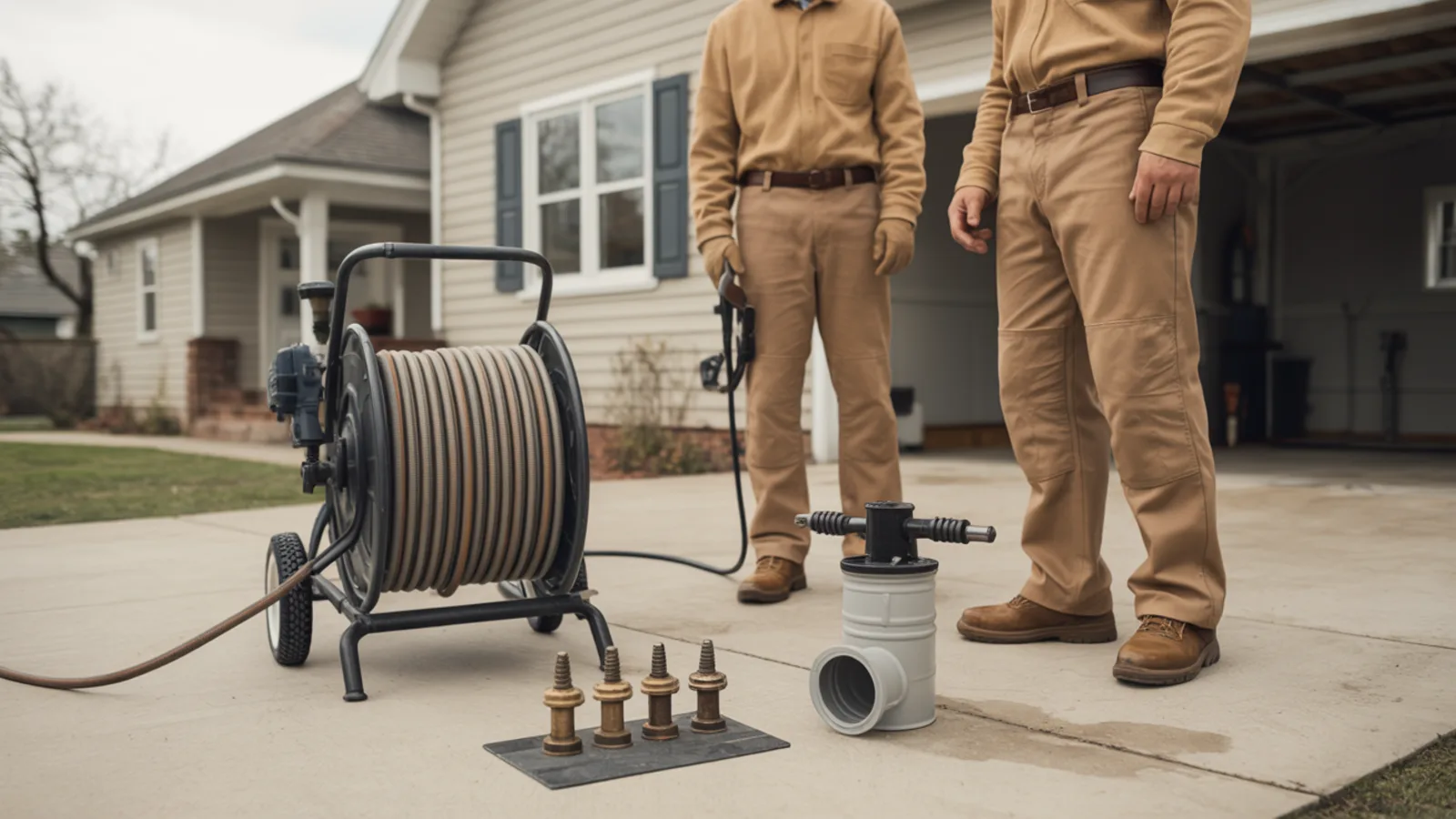Dry sewer hydro jetting hose reel, cleanout fitting, and nozzle set